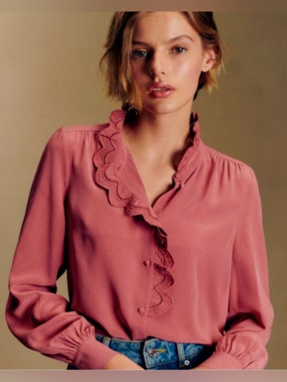 NEW Sezane Chlo Silk Ruffle Blouse Rosewood size 40 - Picture 3 of 11